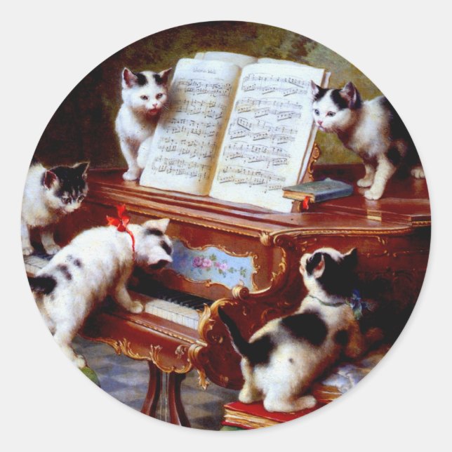 Adesivo Redondo Carl Reichert Kittens Tocando Piano (Frente)