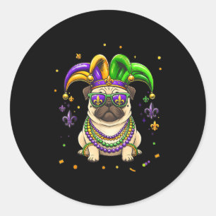 Adesivo Redondo Carnaval engraçado do pug do cordão de contas do m