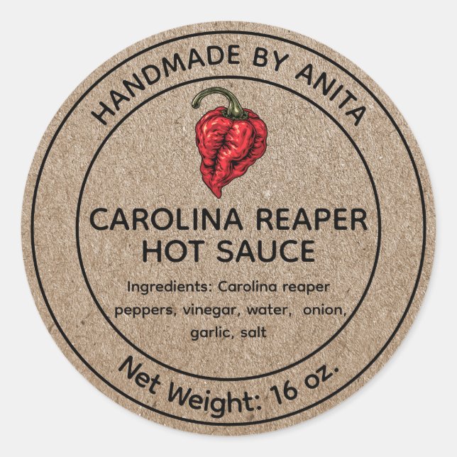 Adesivo Redondo Carolina Reaper Hot Molho Canning Jar Label Kraft (Frente)
