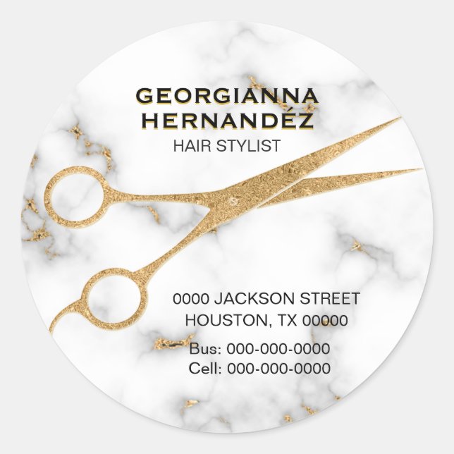 Adesivo Redondo Carrara Marble Dourado Tesoura Hair Stylist Endere (Frente)