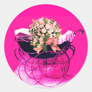 ADESIVO REDONDO CARRINHO DE BEBÊ VINTAGE COM FLORES CHÁ DE BEBÊ