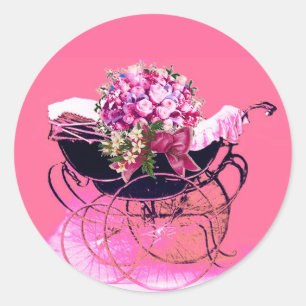 ADESIVO REDONDO CARRINHO DE BEBÊ VINTAGE COM FLORES CHÁ DE BEBÊ