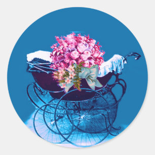 ADESIVO REDONDO CARRINHO DE BEBÊ VINTAGE COM FLORES CHÁ DE BEBÊ