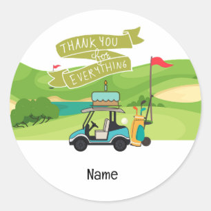 Adesivo Redondo Carrinho de golfe com aniversário com bolo para jo