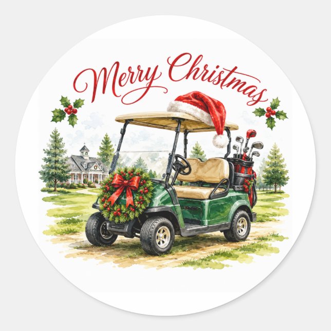 Adesivo Redondo Carrinho de golfe com tema de Natal  (Frente)