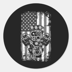Adesivo Redondo Carro Antigo Pistão Bandeira Americana Mech Engraç