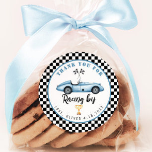 Adesivo Redondo Carro de corrida azul Menino Aniversário Obrigado 