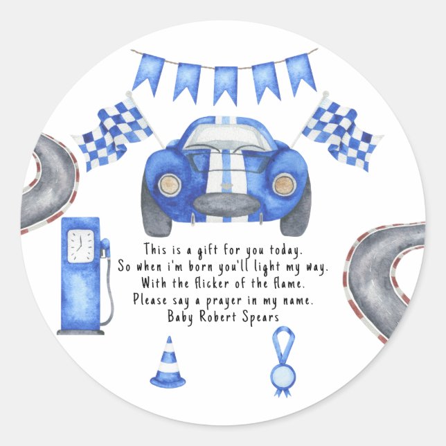 Adesivo Redondo Carro de corrida. Rótulo da vela de oração (Frente)