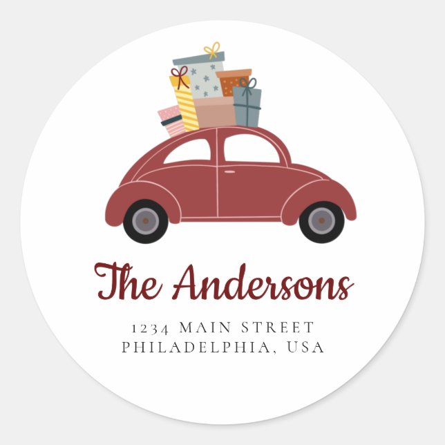 Adesivo Redondo Carro de férias vermelho com a pilha de presentes (Frente)