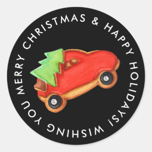 Adesivo Redondo Carro de Natal Feliz e Cookie de Açúcar em Árvore