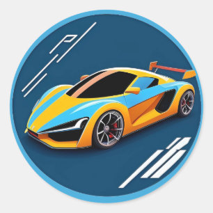 Adesivo Redondo Carro Esportivo Amarelo em Fundo Azul