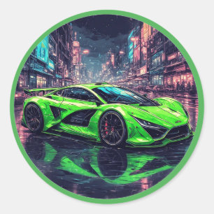 Adesivo Redondo Carro Esportivo Verde em Rua Neon Chuvosa