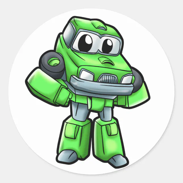 Adesivo Redondo Carro robô verde - robôs para crianças - desenho a