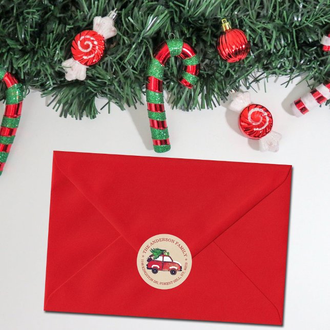 Adesivo Redondo Carro Vermelho Russo Festivo de Natal Endereço de  (Criador carregado)