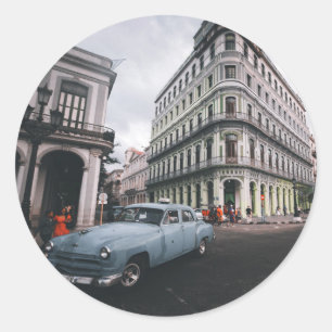 Adesivo Redondo Carro vintage Clássico Azul Cityscape