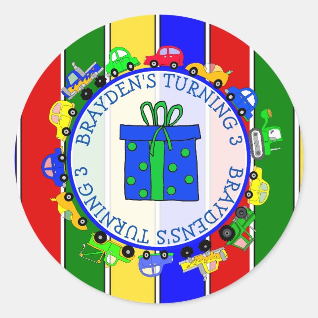 Adesivo Redondo Carros, Caminhões, Vinhetas de Aniversário do Rapa (Frente)