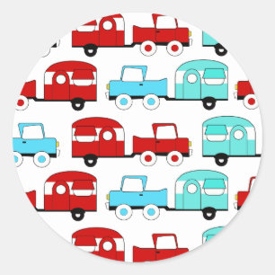 Adesivo Redondo Carros vintage de acampamento retros do vermelho