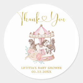 Adesivo Redondo Carrossel Mágico, rosa e Dourado, obrigado Sticker