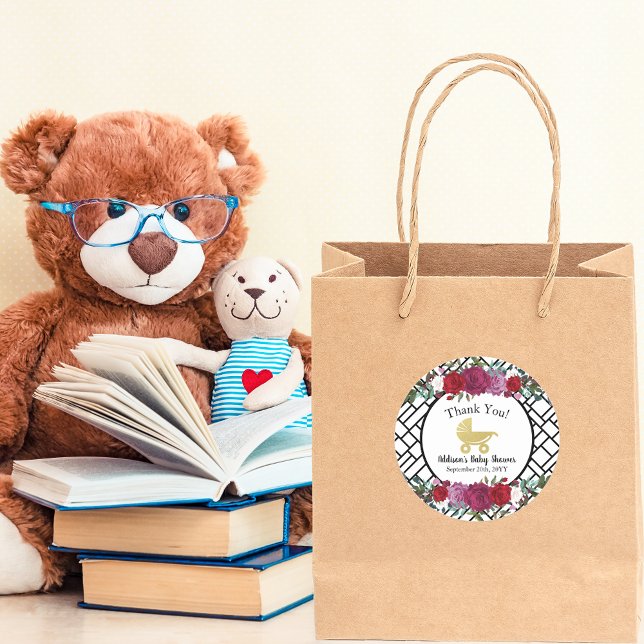 Adesivo Redondo Carruagem de bebê Dourada Elegante Obrigado (Criador carregado)