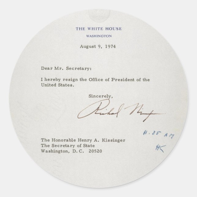 Adesivo Redondo Carta de Renúncia de Richard M. Nixon 1974 (Frente)