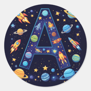 Adesivo Redondo 🚀 Carta Espacial A Foguetes Planetas Estrelas Cri