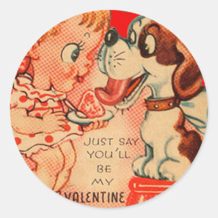 Adesivo Redondo Cartão de Dia dos Namorados Vintage Retro Menina e