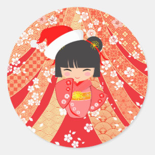 Adesivo Redondo Cartão de Natal Boneca Kokeshi
