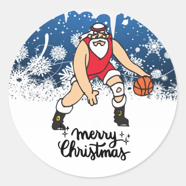 Adesivo Redondo Cartão de Natal de Basquete com Papai Noel (Frente)