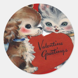 Adesivo Redondo Cartão de São Valentim Vintage Retro de Cachorrinh