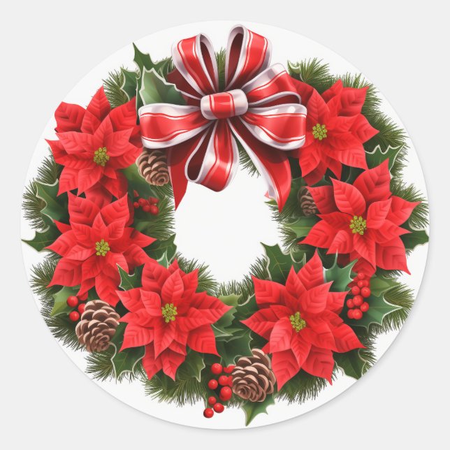 Adesivo Redondo Cartão de Saudação de Poinsettia Wreath de Natal (Frente)
