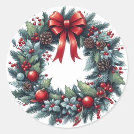 Adesivo Redondo Cartão de Saudação de Wreath Evergreen