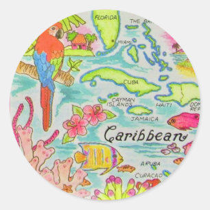 Adesivo Redondo Cartão postal do mapa da ilha do Caribe