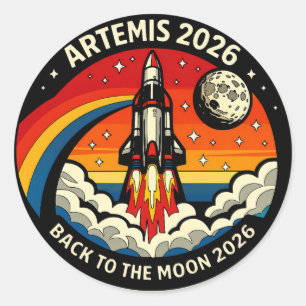 Adesivo Redondo Cartaz da Missão Artemis II à Lua 2026 Foguete d