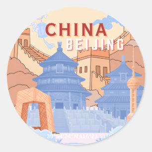 Adesivo Redondo Cartaz de Viagem de Pequim China Azul Pastel e P