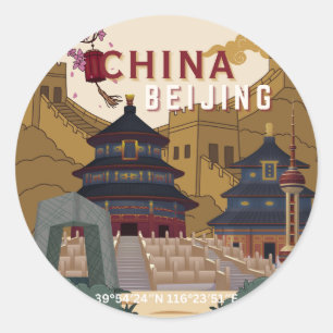 Adesivo Redondo Cartaz de Viagem de Pequim China Ilustração Vint
