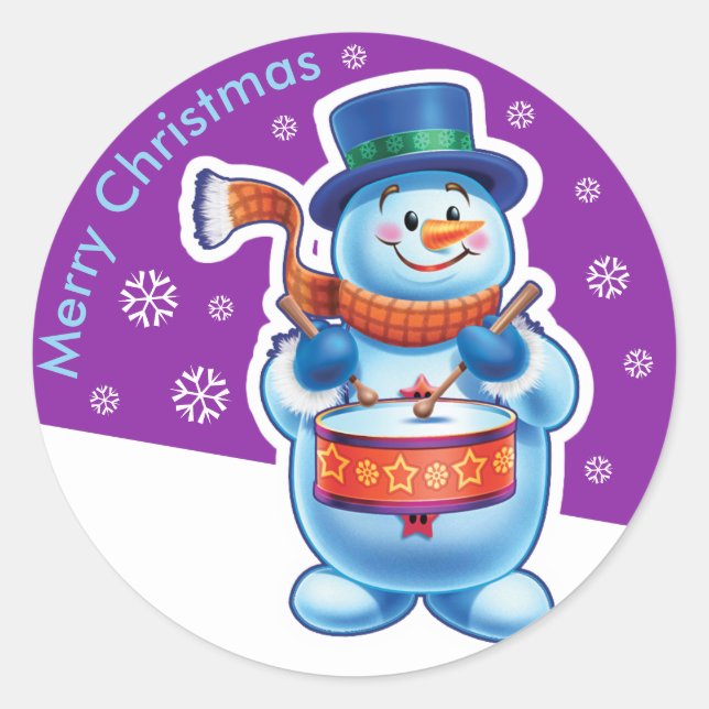 Adesivo Redondo Cartaz roxo de Natal Snowman. (Frente)