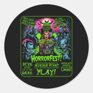 Adesivo Redondo Cartaz Vintage Horrorfest Filme de Halloween Velho