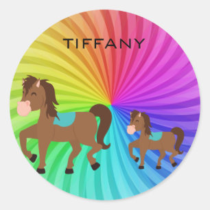 Adesivo Redondo Cartazes de cavalos e arco-íris personalizados par