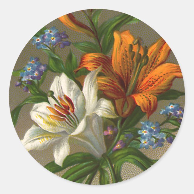 Adesivo Redondo Cartões de aniversários de safra com Flores de Lil (Frente)