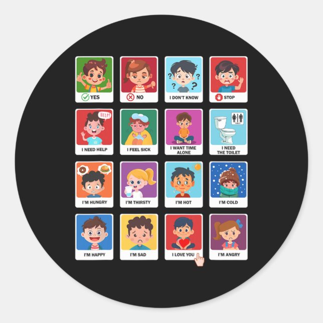 Adesivo Redondo Cartões De Comunicação Autismo Crianças Emoções Fa (Frente)