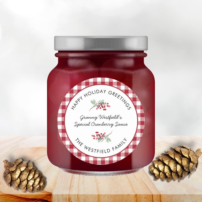 Adesivo Redondo Cartões de natal Presente de Comida de Verificação (Happy Holiday Greetings Burgundy Buffalo Plaid Food Gift Round Jar Label)
