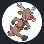 Adesivo Redondo Cartografia do Happy Reindeer Runs | escolher cor<br><div class="desc">veado de rena rudolph natal,  nariz vermelho de férias,  feliz de inverno engraçada,  desenho de corno de humor sorridente,  desenho animado ilustrativo feliz,  cornos de alce,  animais alegres e animados bonitinhos,  amantes crianças,  garotos desenhar rena,  desenho animado de veado</div>