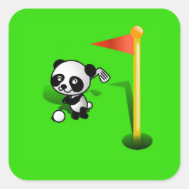 Adesivo Redondo Cartoon Baby Panda Bear Golfing sobre o Verde