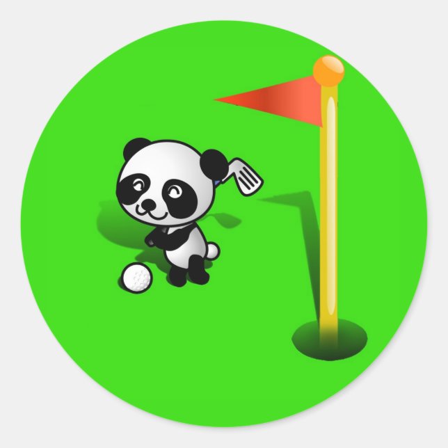 Adesivo Redondo Cartoon Baby Panda Bear Golfing sobre o Verde (Frente)