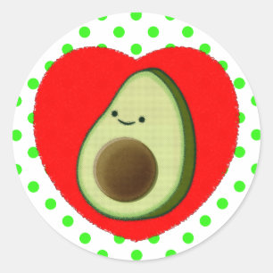 Adesivo Redondo Cartoon Bonito Avocado Em Coração Vermelho