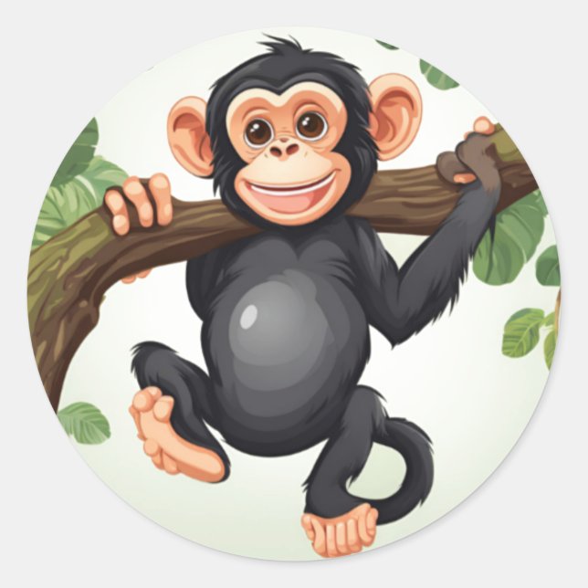 Adesivo Redondo Cartoon Chimpanzé Engraçado e Bonito (Frente)