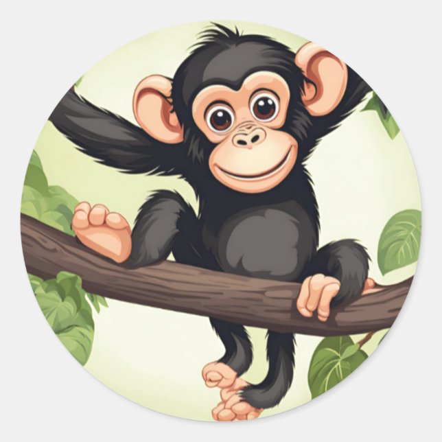 Adesivo Redondo Cartoon Chimpanzé Engraçado e Bonito (Frente)