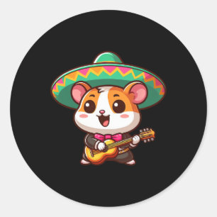 Adesivo Redondo Cartoon Cinco De Mayo Hamster Mariachi Guitar Mexi