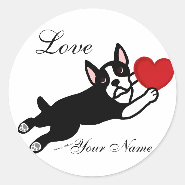 Adesivo Redondo Cartoon de Boston Terrier e Red Heart (Frente)