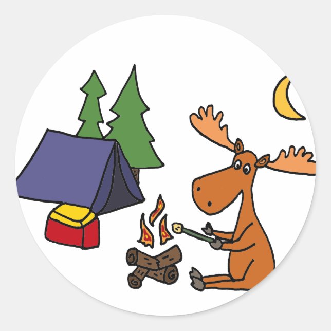 Adesivo Redondo Cartoon de Camping Moose Engraçado (Frente)